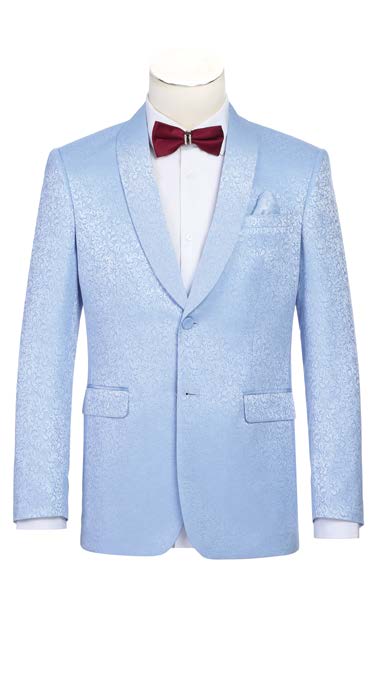 Patterned Slim Fit Tuxedo Jacket w/ Fabric Shawl Light Blue