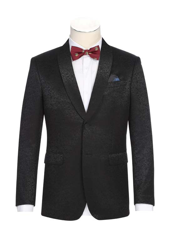 Patterned Slim Fit Tuxedo Jacket w/ Fabric Shawl Black