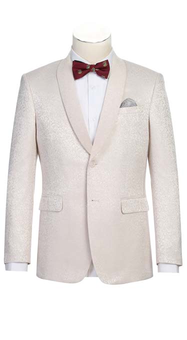 Patterned Slim Fit Tuxedo Jacket w/ Fabric Shawl White