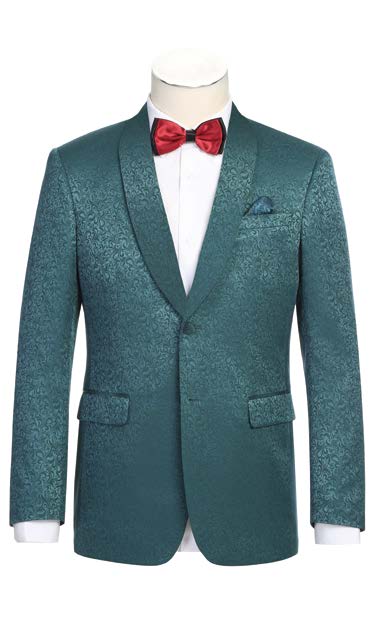 Patterned Slim Fit Tuxedo Jacket w/ Fabric Shawl Green