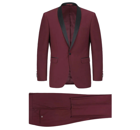 Slim Fit 2-Piece Shawl Lapel Tuxedo Suit Burgundy