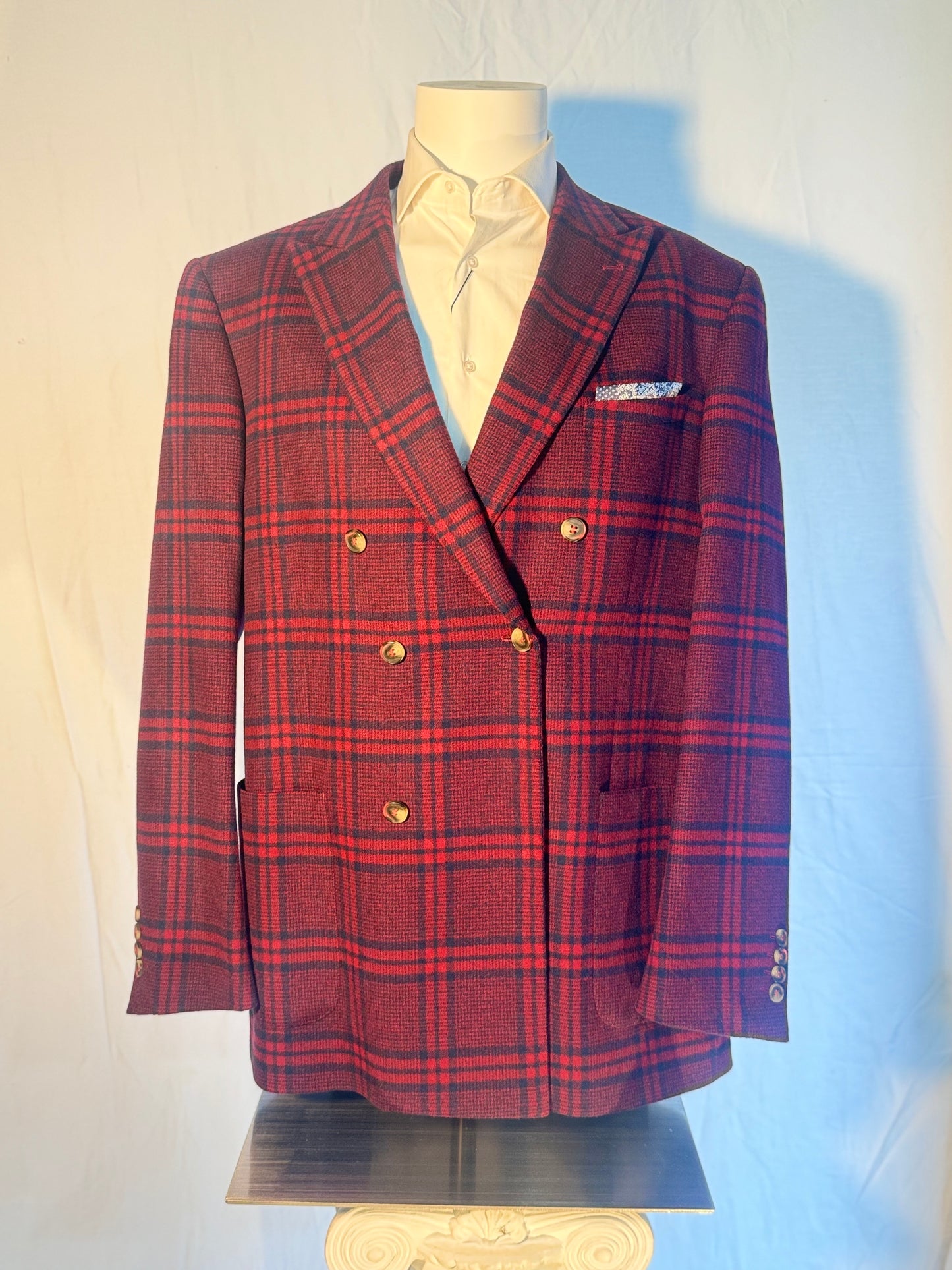 Double Breasted Red and Navy Plaid Sport Coat