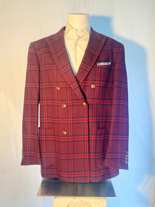 Double Breasted Red and Navy Plaid Sport Coat