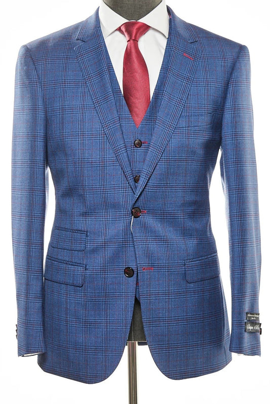 Navy Three Piece Wool Plaid Suit Slim Fit