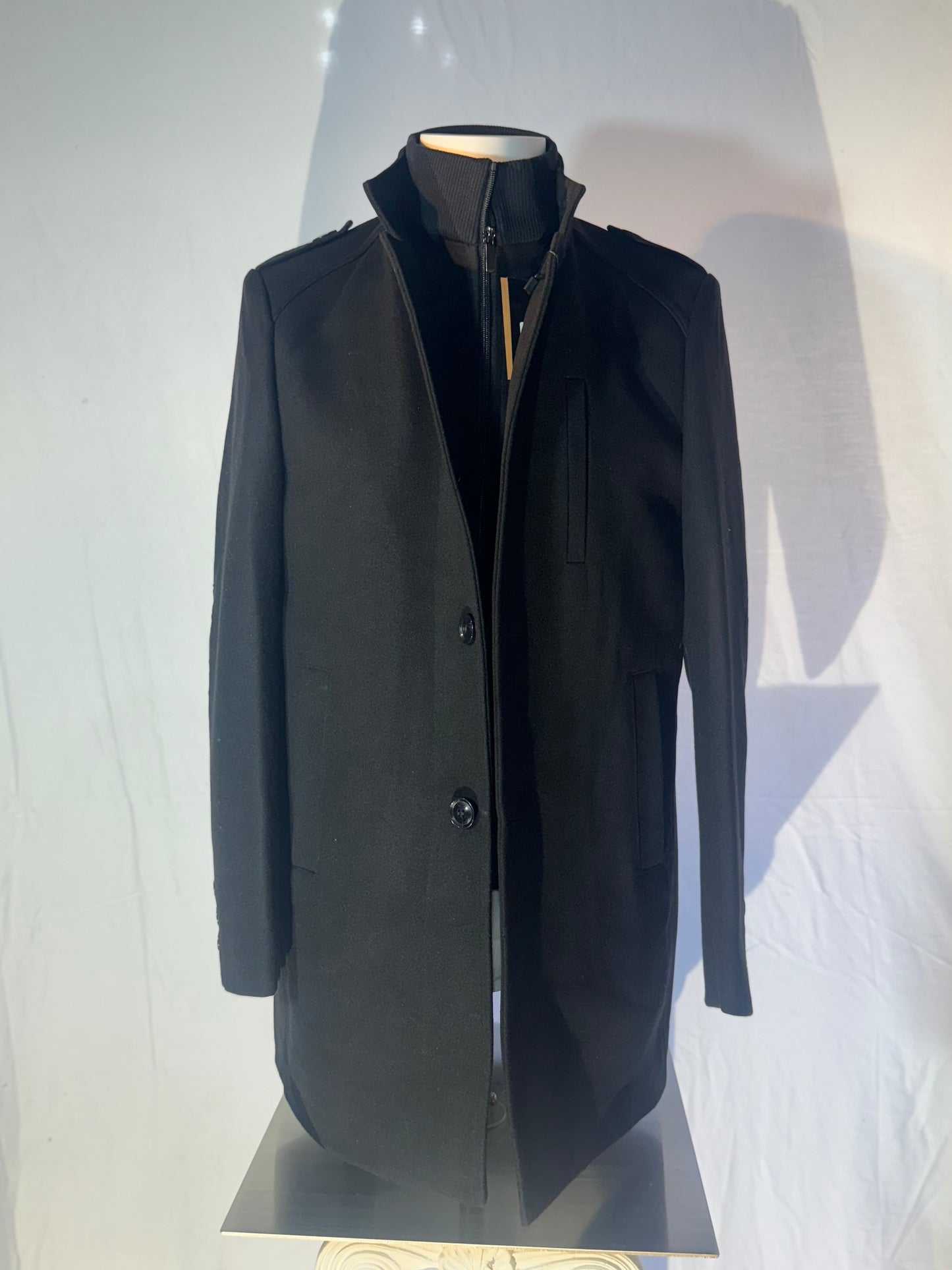 Black Wool Three-Quarters Coat w/ Bib