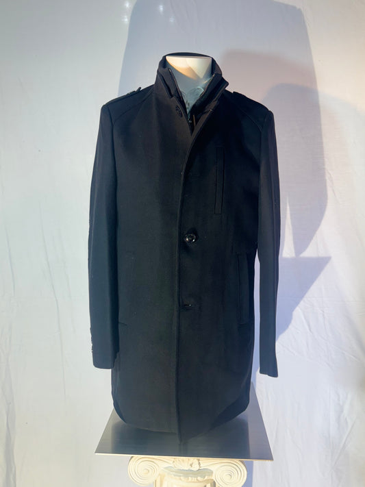 Black Wool Three-Quarters Coat w/ Bib